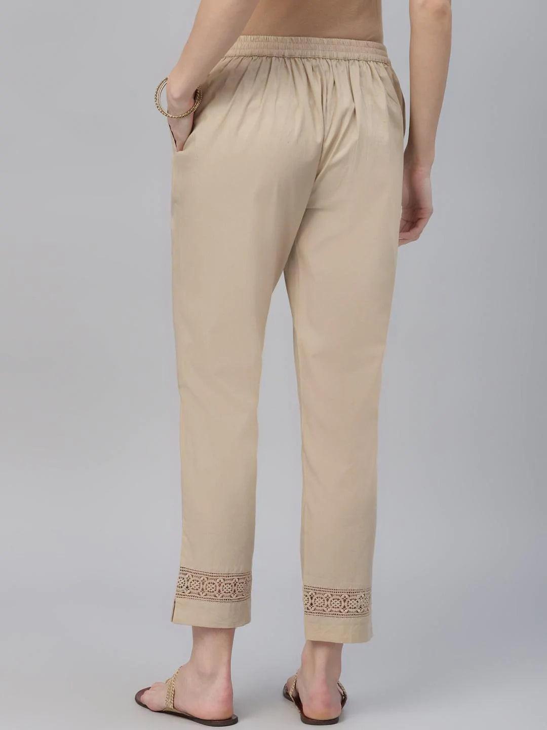 Beige Solid Cotton Trousers - ShopLibas