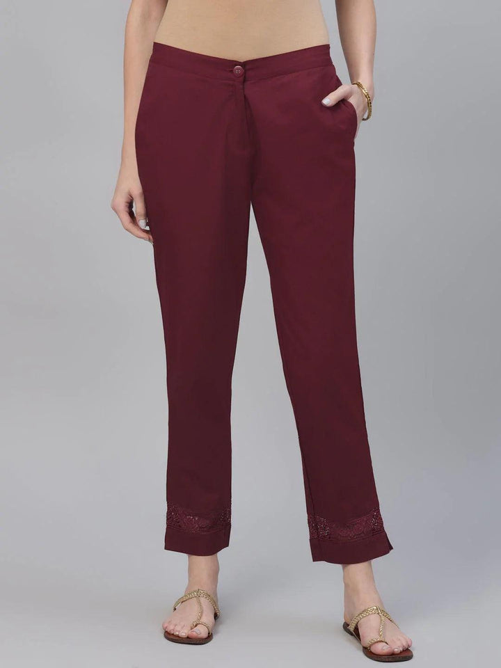 Maroon Solid Cotton Trousers