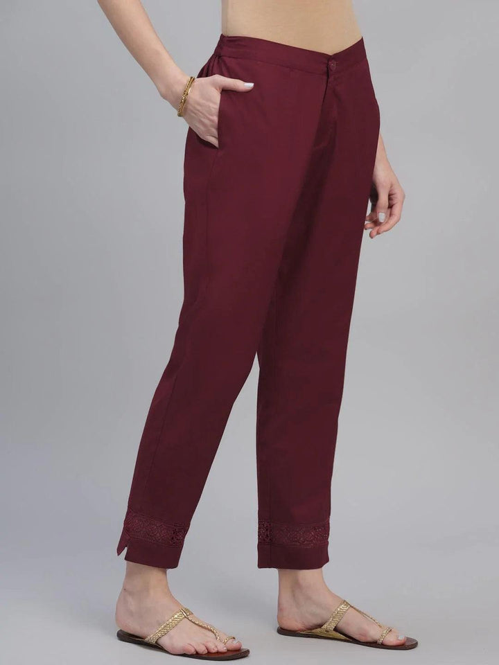 Maroon Solid Cotton Trousers