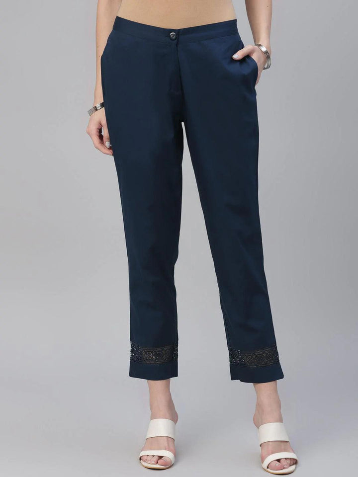 Blue Solid Cotton Trousers