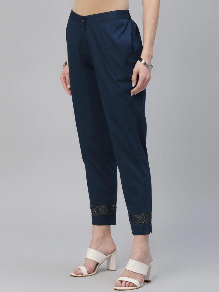 Blue Solid Cotton Trousers