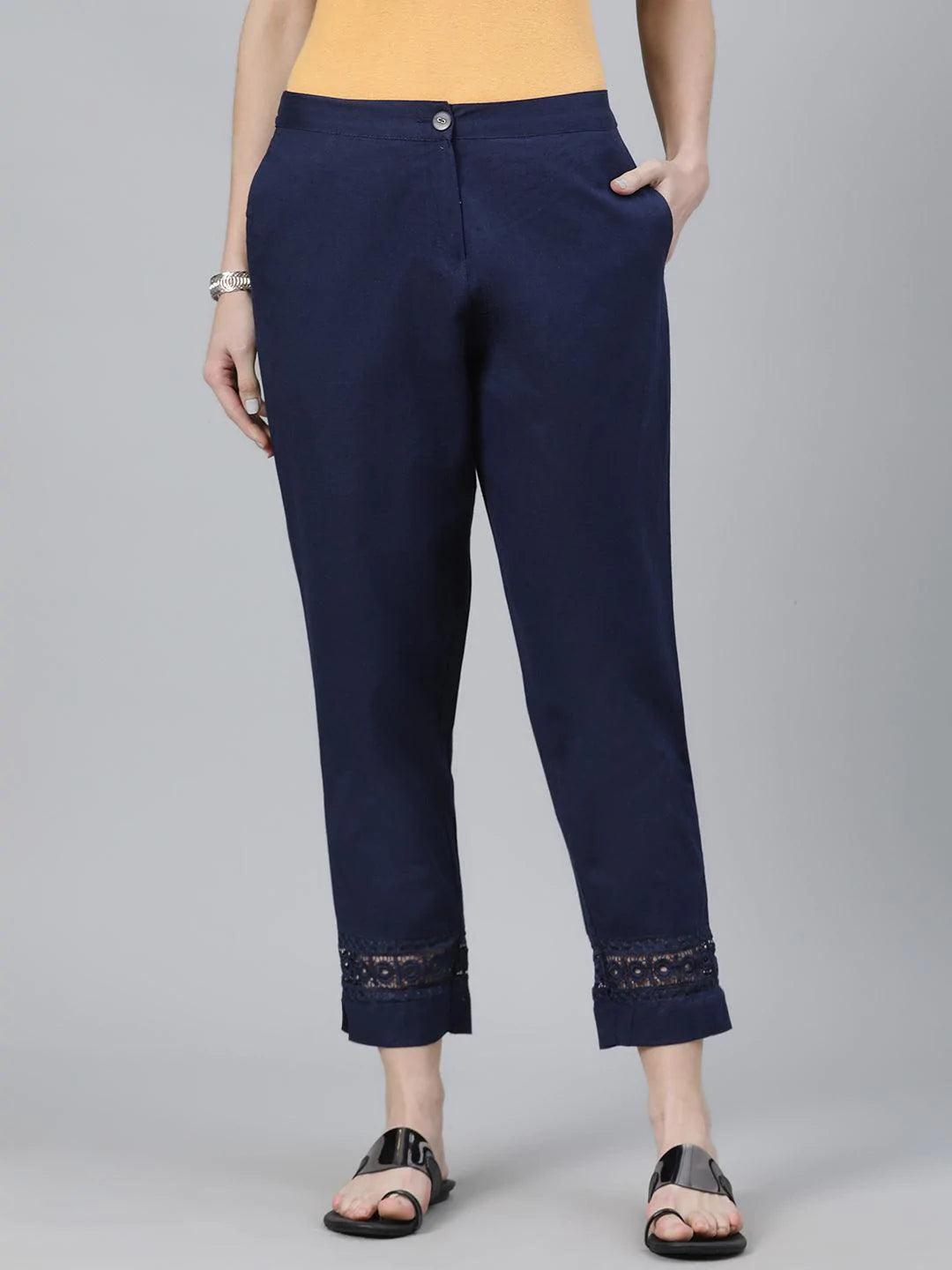 Navy Blue Solid Cotton Palazzos - ShopLibas