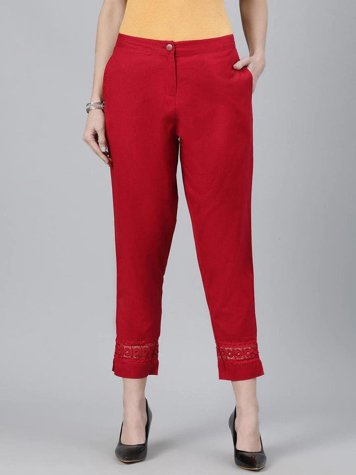 Maroon Solid Cotton Trousers