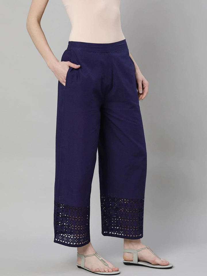 Blue Solid Cotton Palazzos