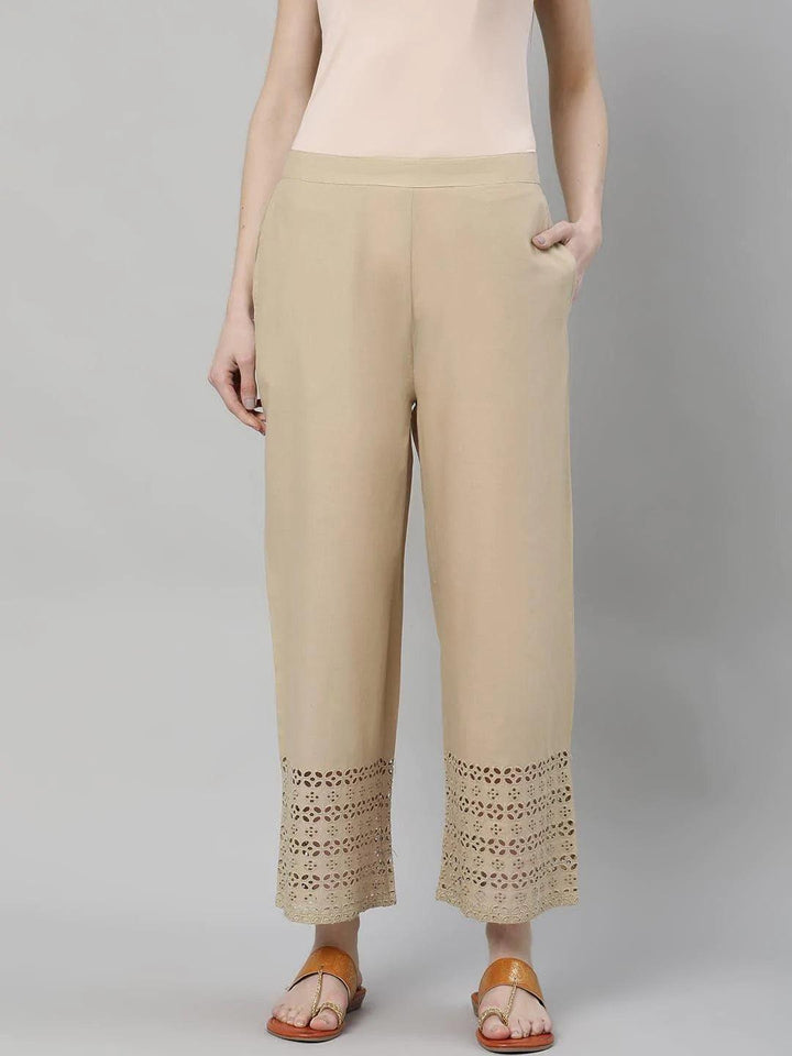 Beige Solid Cotton Palazzos