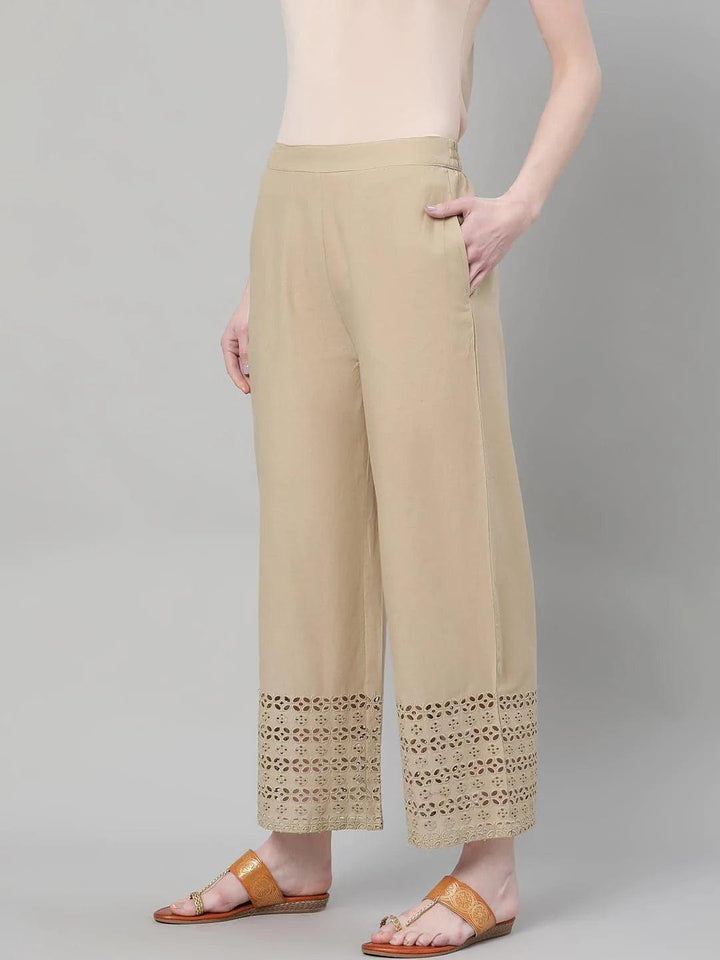 Beige Solid Cotton Palazzos