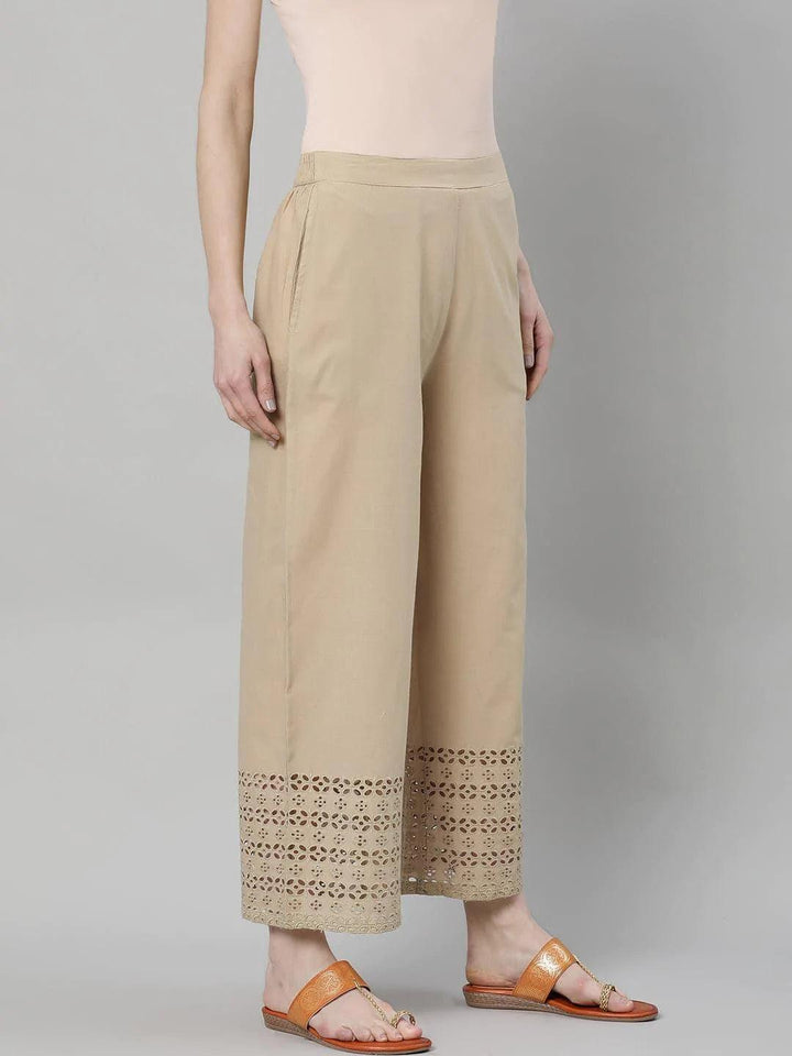 Beige Solid Cotton Palazzos