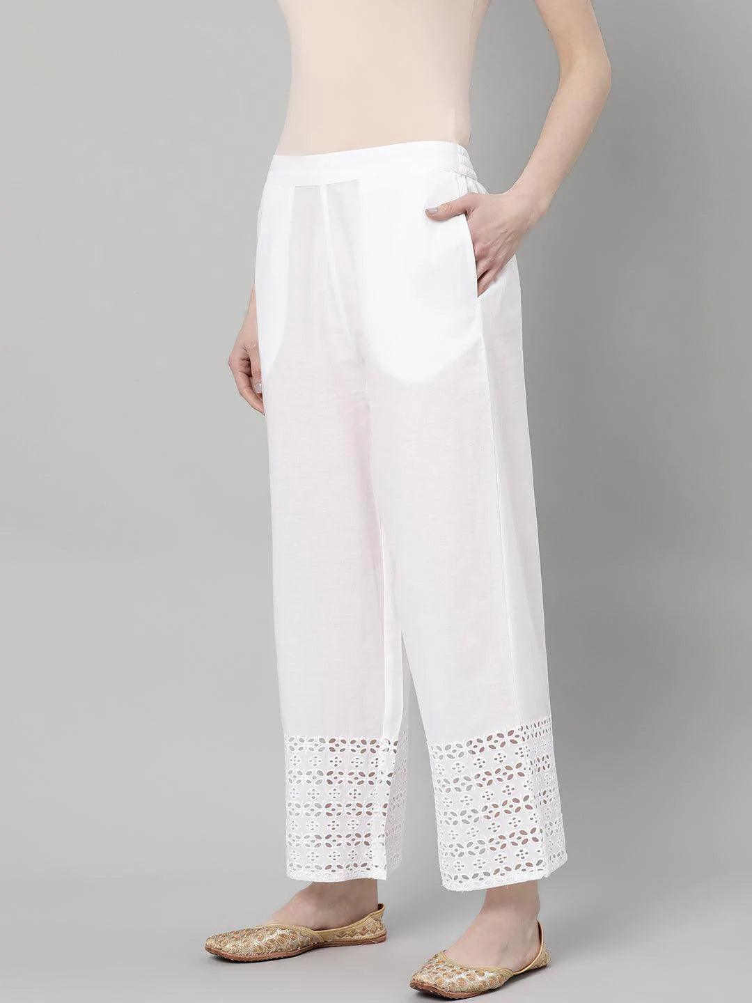 White Solid Cotton Palazzos - ShopLibas