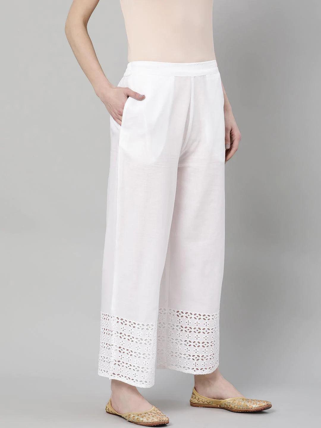 White Solid Cotton Palazzos - ShopLibas