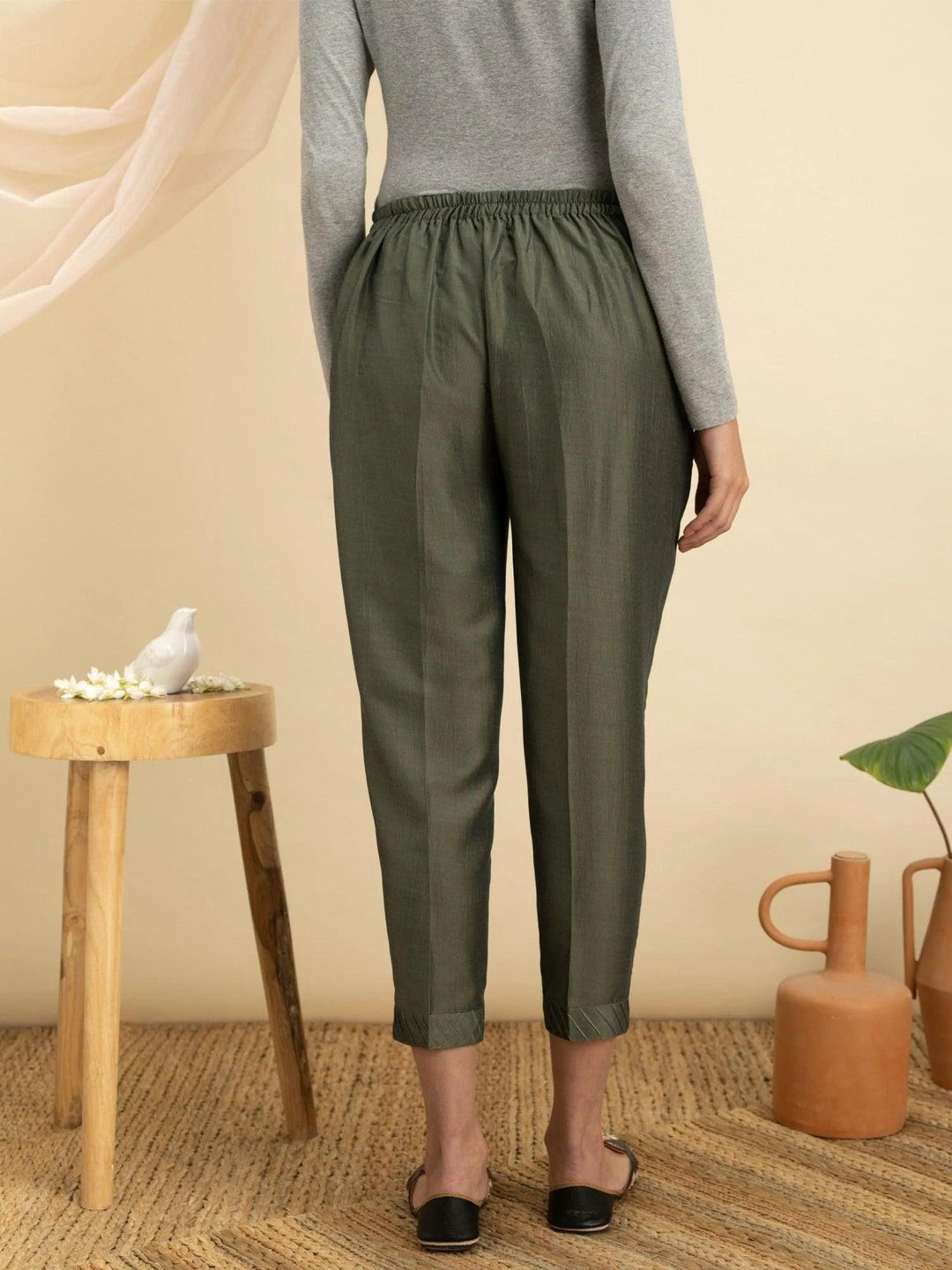 Olive Green Solid Silk Trousers - ShopLibas