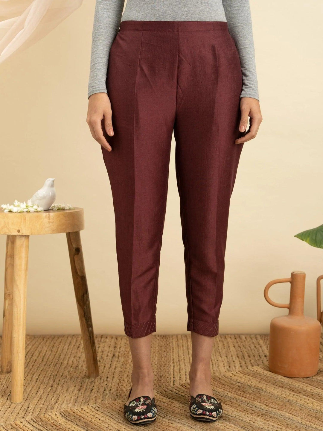 Maroon Solid Silk Trousers - ShopLibas