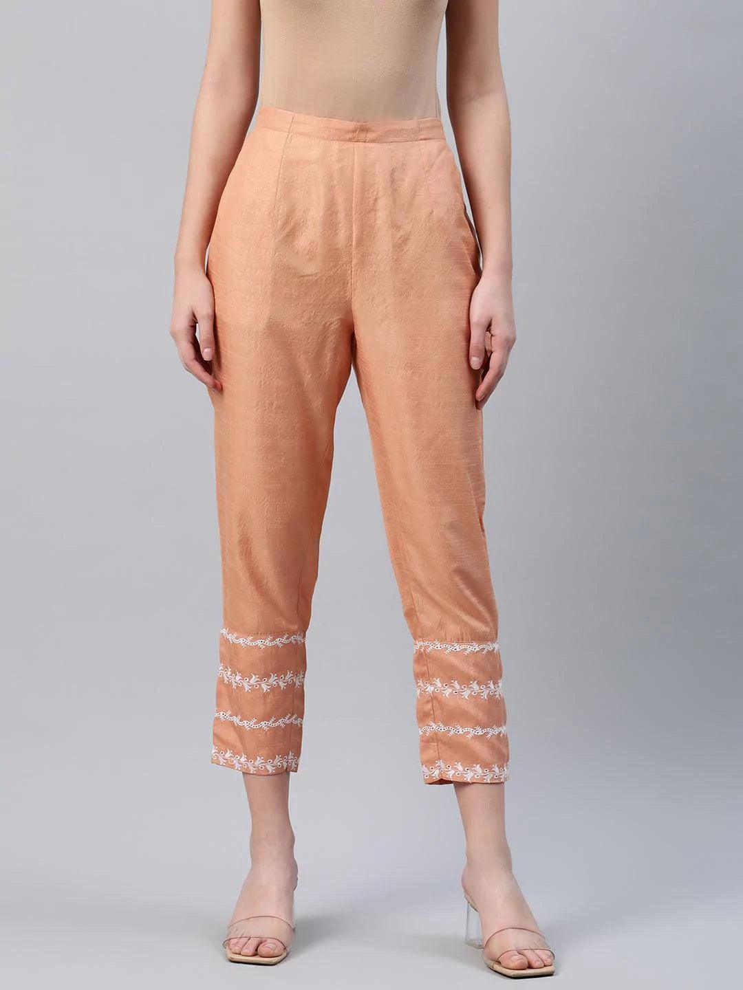 Orange Embroidered Silk Trousers - ShopLibas