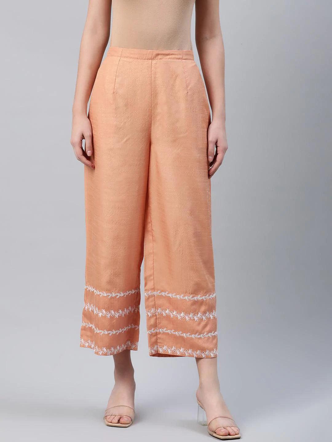 Orange Embroidered Silk Palazzos - ShopLibas