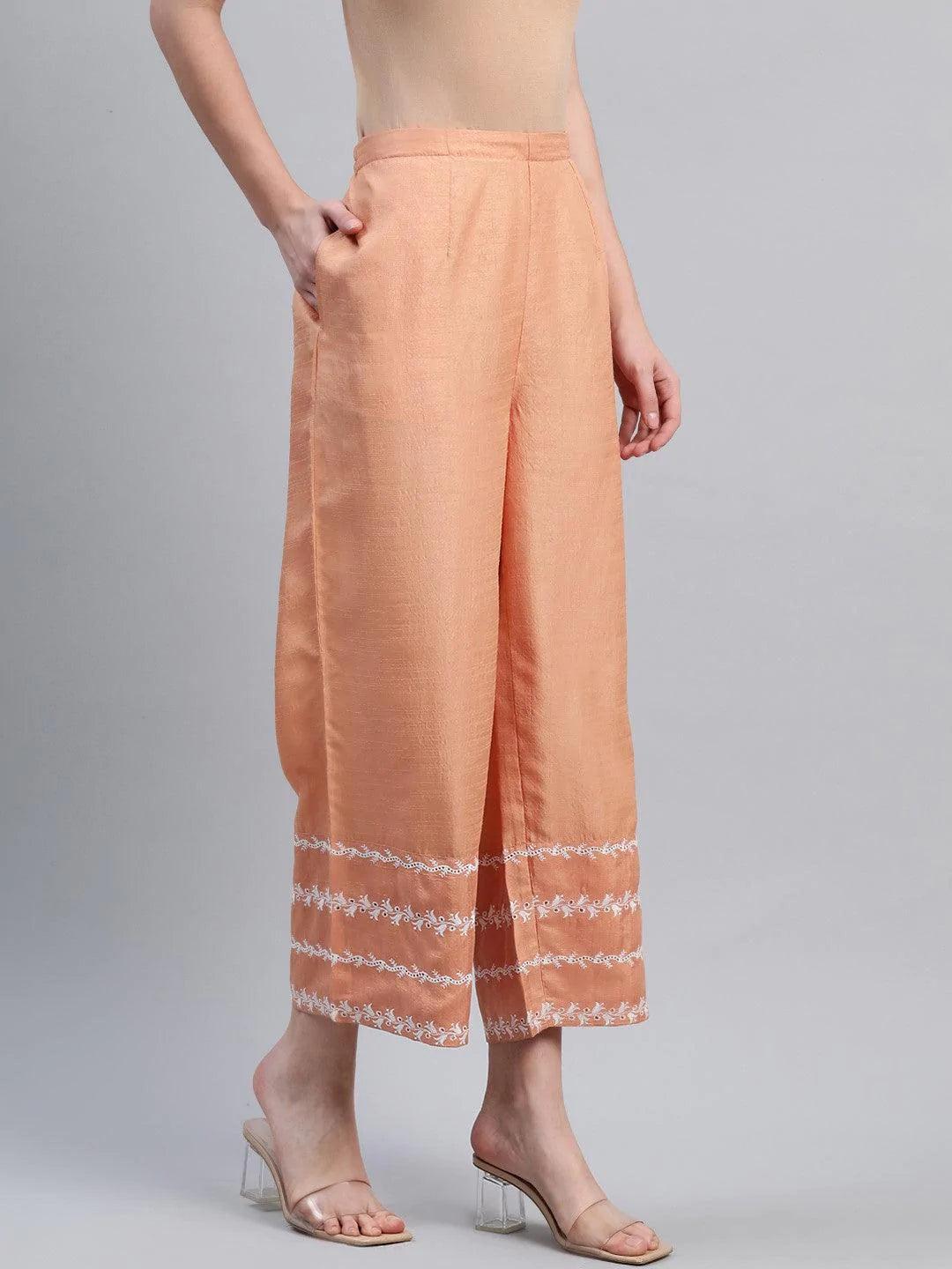 Orange Embroidered Silk Palazzos - ShopLibas