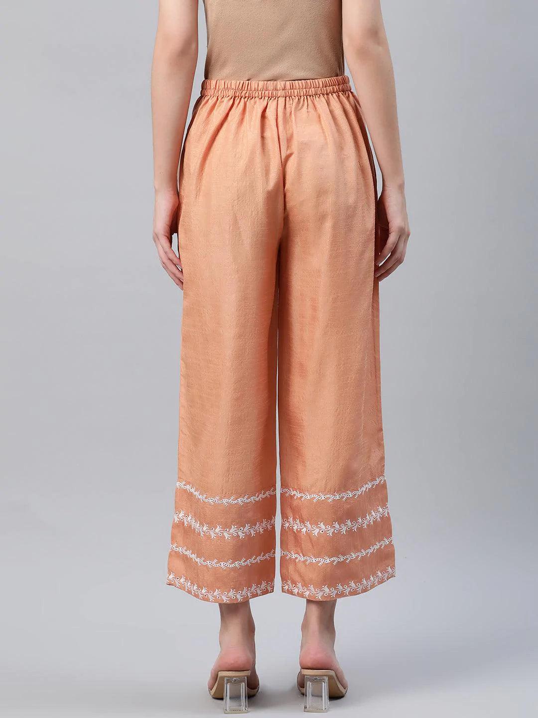 Orange Embroidered Silk Palazzos - ShopLibas