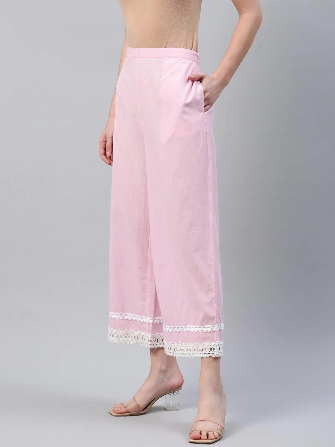 Pink Solid Cotton Palazzos - ShopLibas