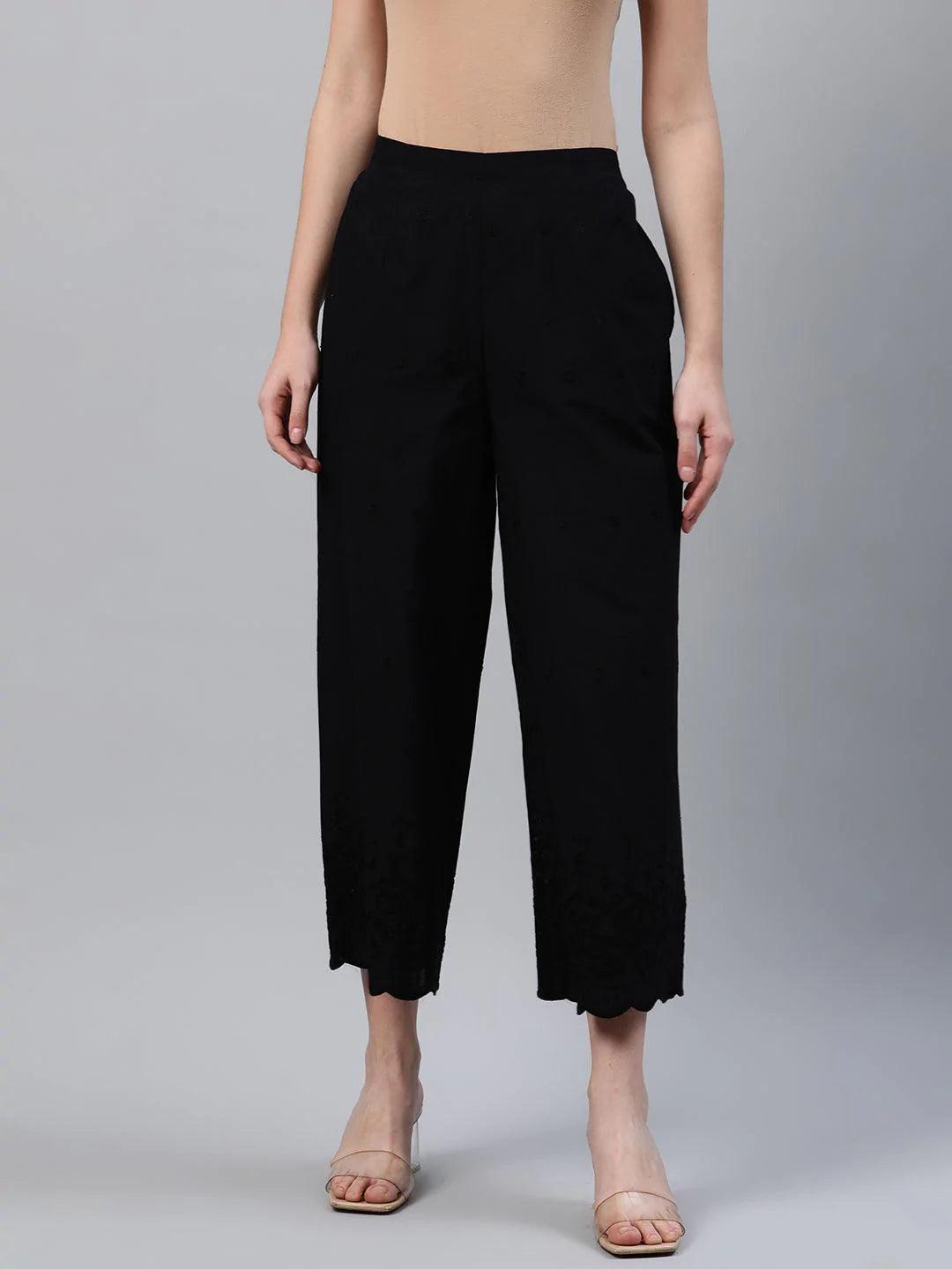 Black Embroidered Cotton Palazzos - ShopLibas