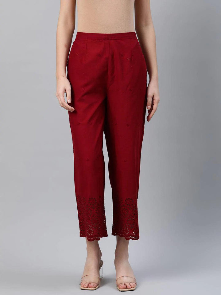 Maroon Embroidered Cotton Palazzos
