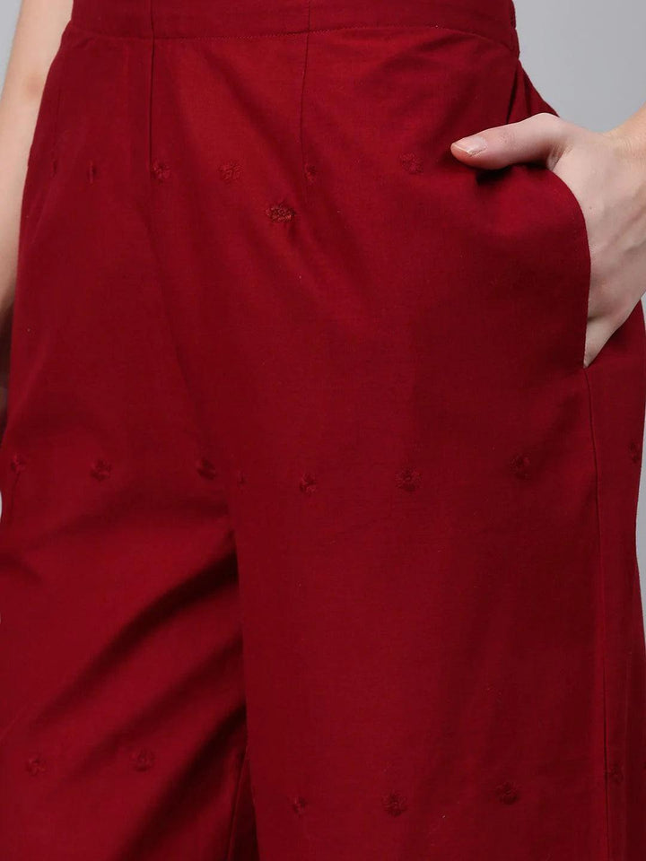 Maroon Embroidered Cotton Palazzos