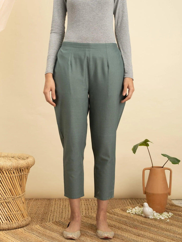 Green Solid Cotton Trousers
