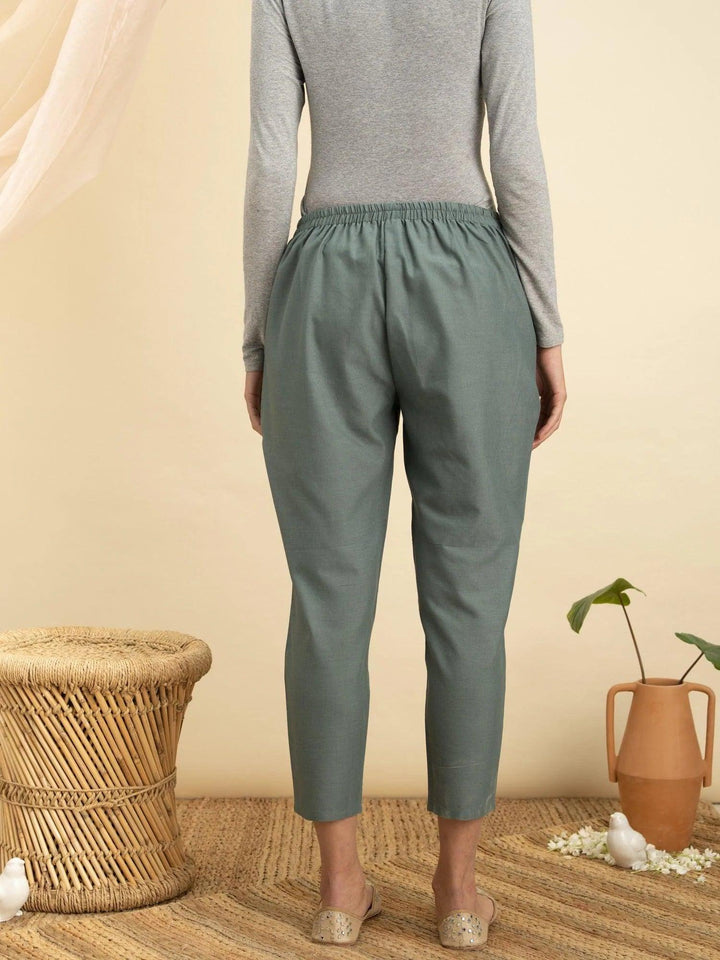 Green Solid Cotton Trousers