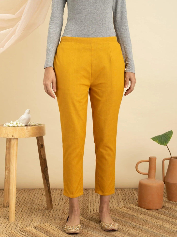 Yellow Solid Cotton Trousers