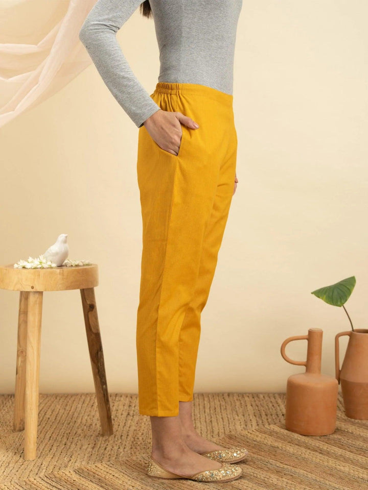 Yellow Solid Cotton Trousers