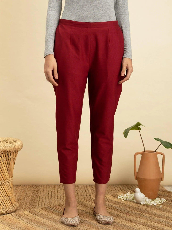 Maroon Solid Cotton Trousers