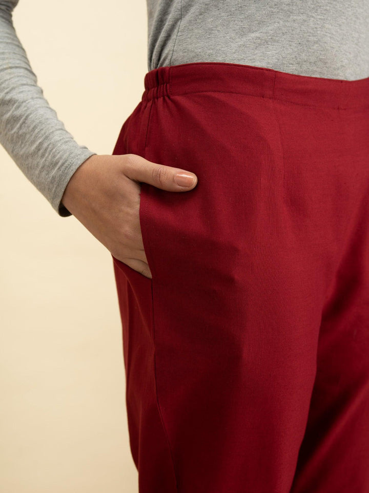 Maroon Solid Cotton Trousers