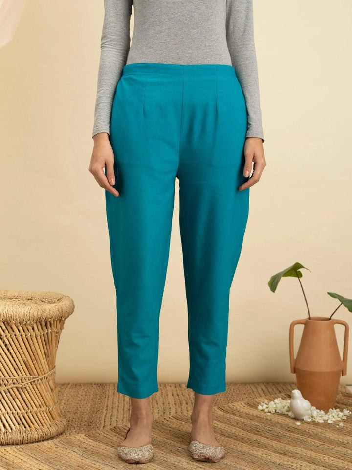 Blue Solid Cotton Trousers
