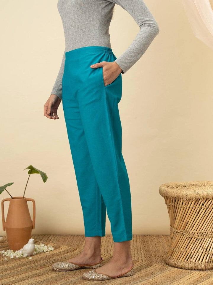 Blue Solid Cotton Trousers