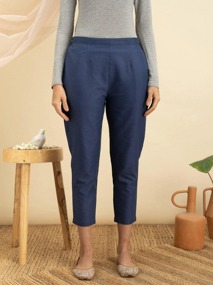 Blue Solid Cotton Trousers