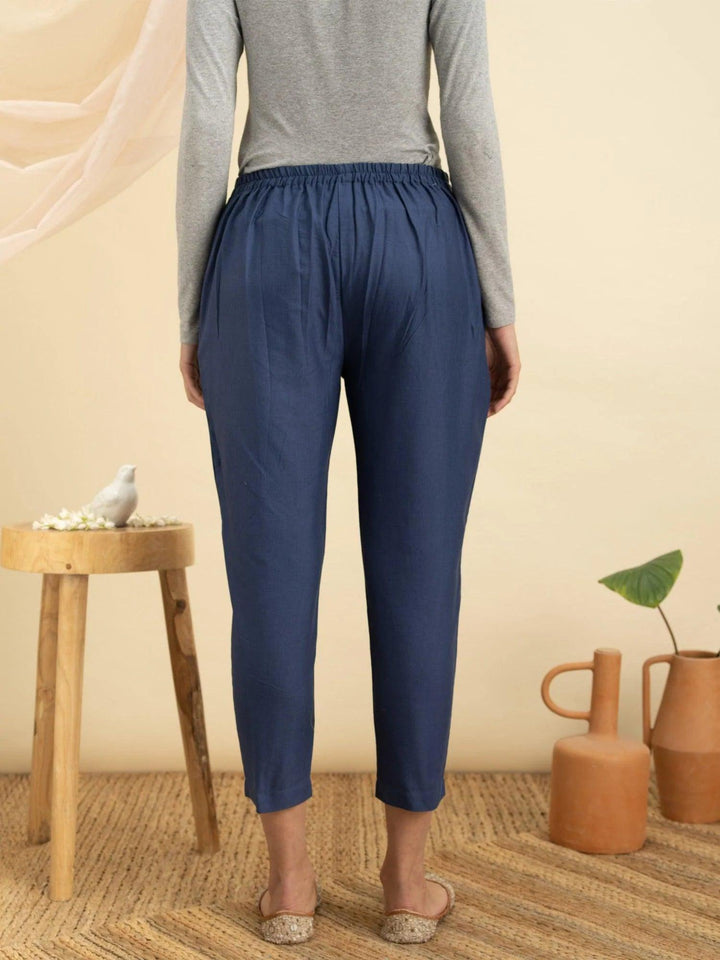 Blue Solid Cotton Trousers