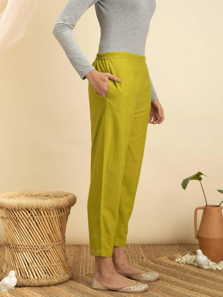 Green Solid Cotton Trousers