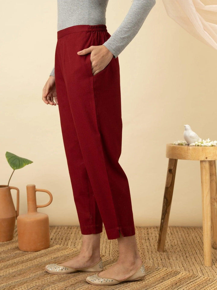 Maroon Solid Cotton Trousers