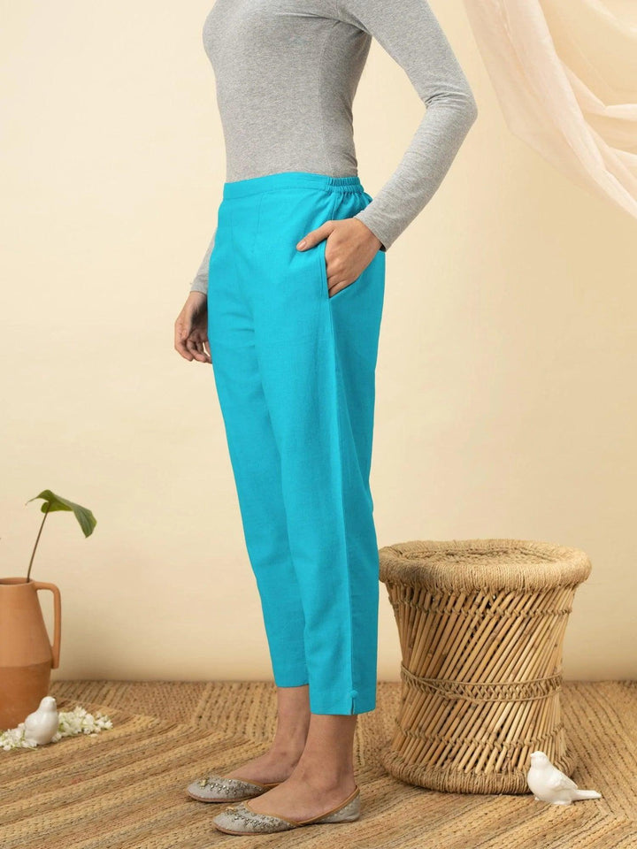 Blue Solid Cotton Trousers
