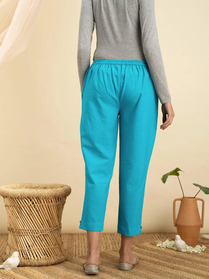 Blue Solid Cotton Trousers