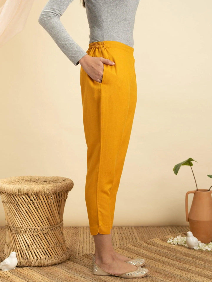 Yellow Solid Cotton Trousers