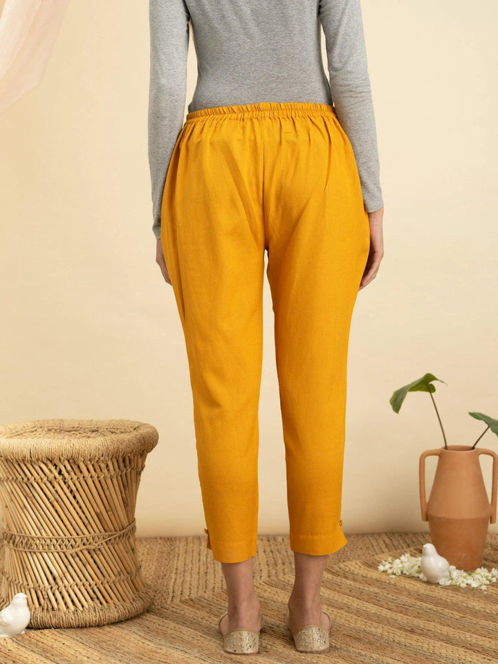 Yellow Solid Cotton Trousers