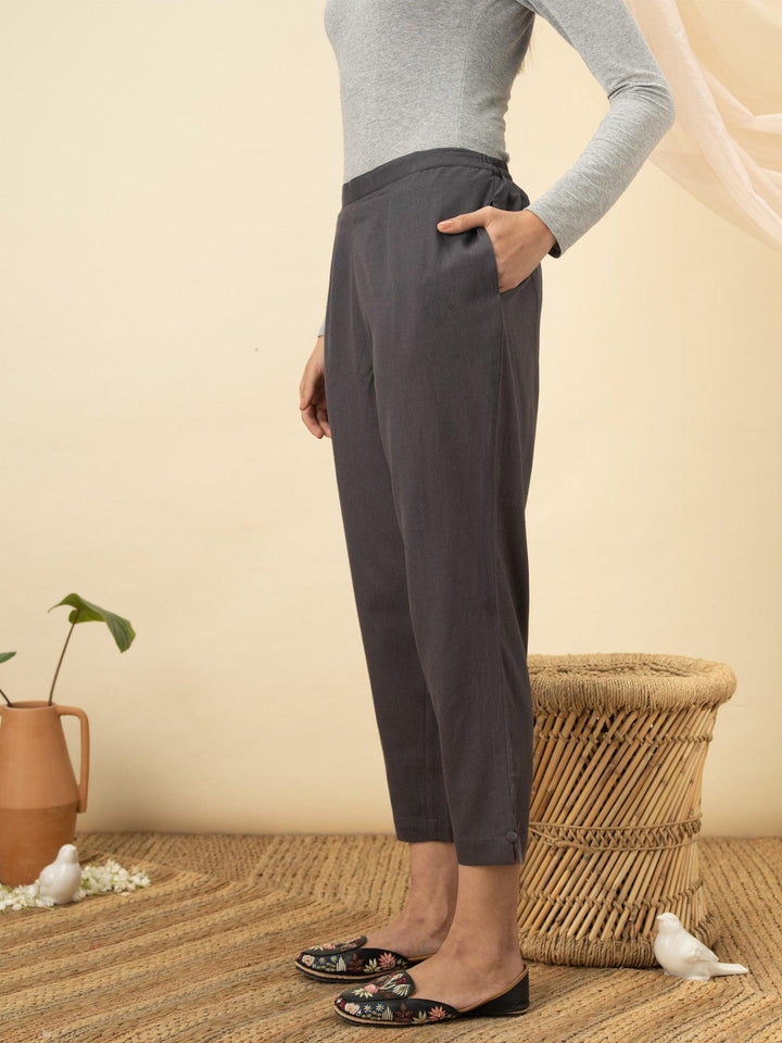Grey Solid Cotton Trousers