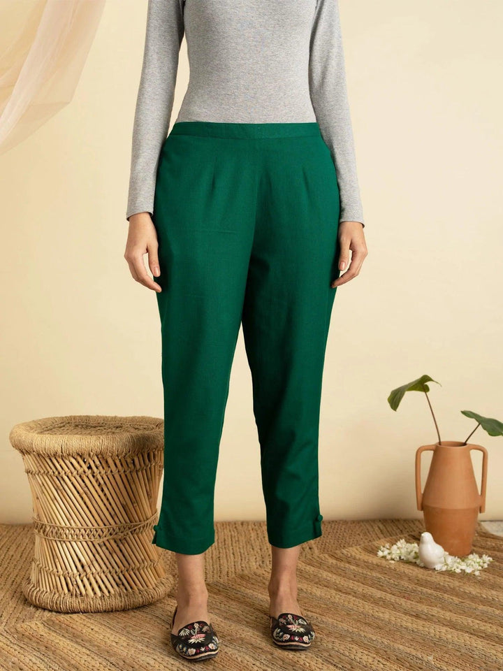 Green Solid Cotton Trousers