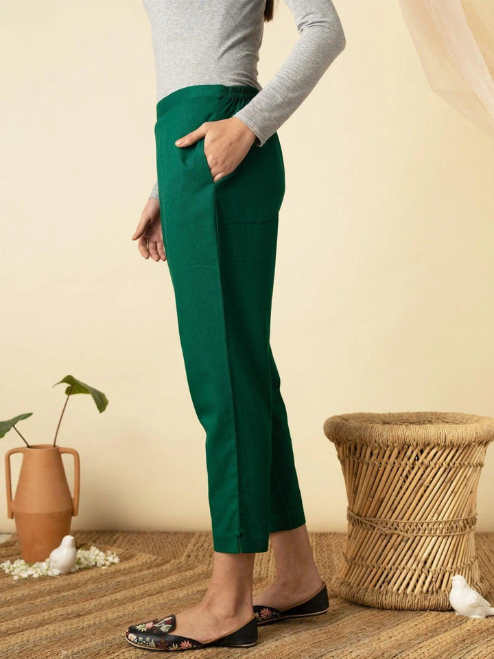 Green Solid Cotton Trousers