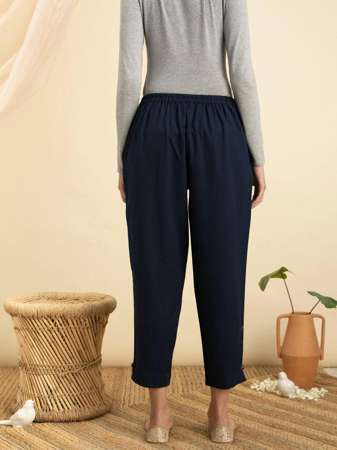 Navy Blue Solid Cotton Trousers - ShopLibas