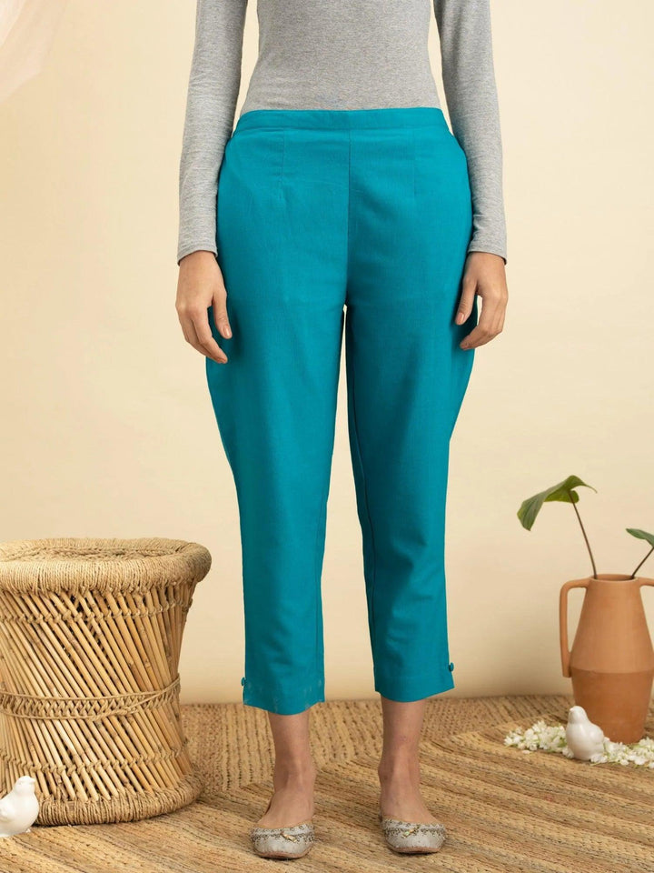 Blue Solid Cotton Trousers