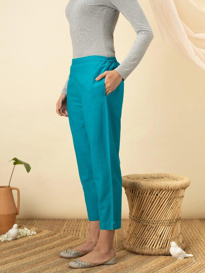 Blue Solid Cotton Trousers