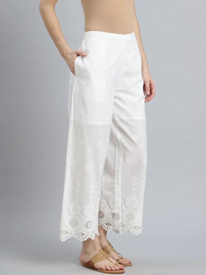 White Embroidered Cotton Palazzos