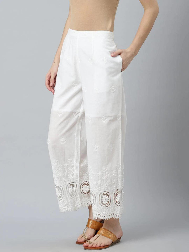 White Embroidered Cotton Palazzos