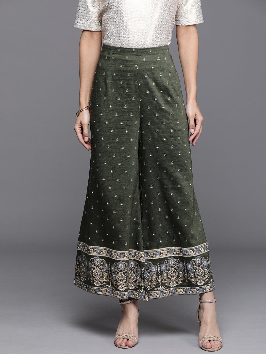 Green Printed Silk Palazzos - ShopLibas