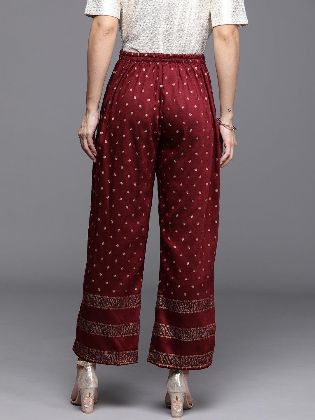 Maroon Printed Silk Palazzos - ShopLibas