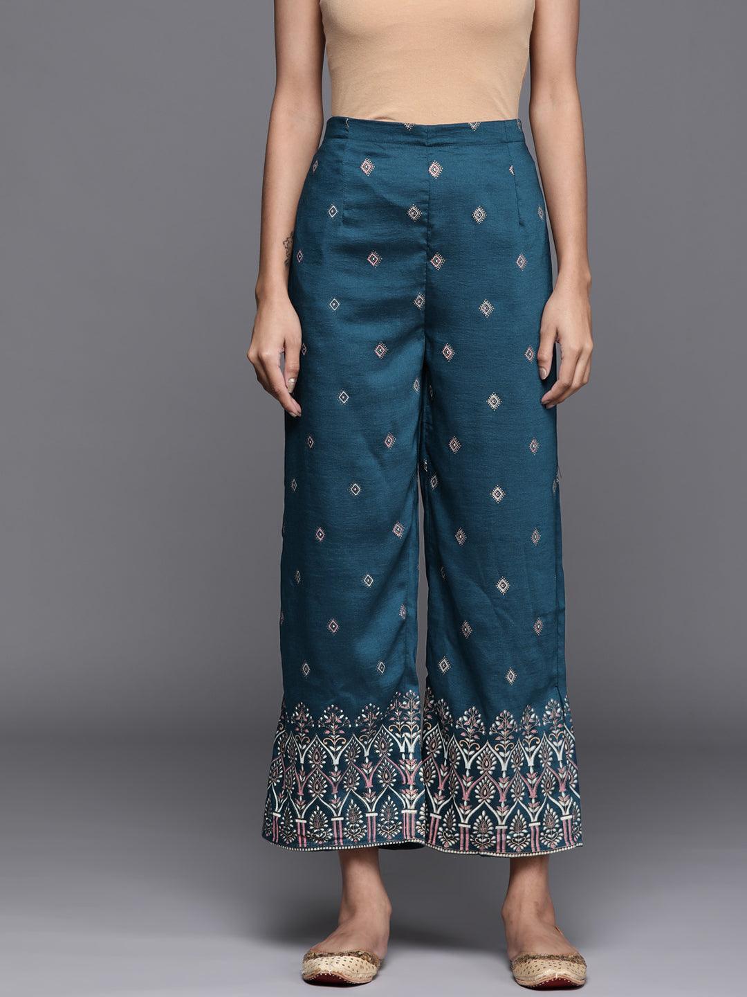 Blue Printed Silk Palazzos - ShopLibas